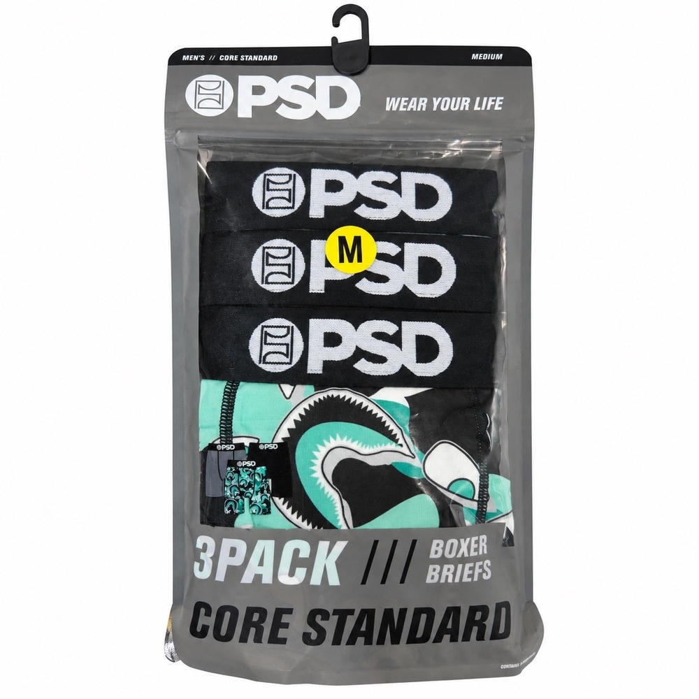 PSD Underwear Mens Core Standard Boxer Briefs 3-Pack Shark Mouth Black Teal M